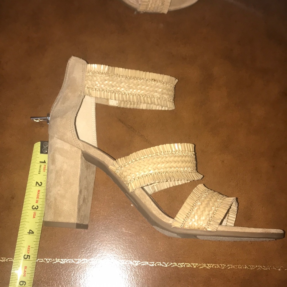 Straw accent heels.